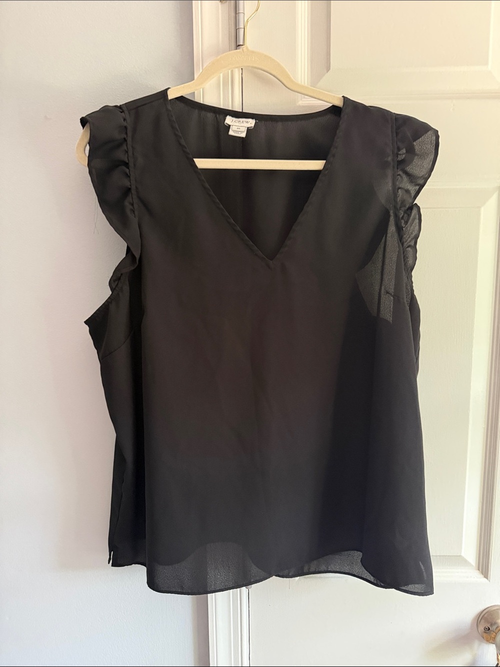 J. Crew Black V-Neck Sheer Ruffle Sleeve Blouse